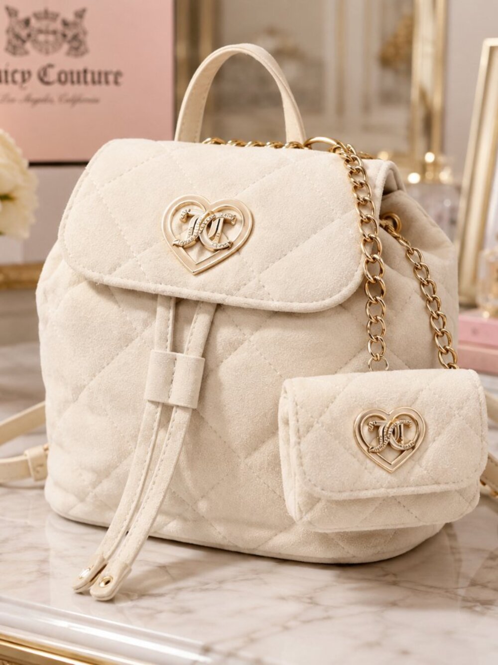 Juicy Couture Cream Velour 2-in-1 Backpack Crystal Heart NWT